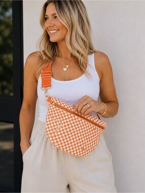 Pretty Simple Westlyn Woven Bum Bag Vegan Leather Checkered Orange Adjustable